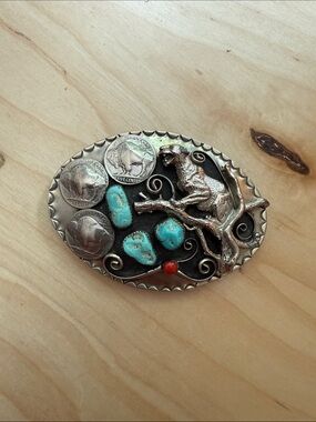 Vintage Silver-Tone Belt Buckle with Turquoise and Red Accents